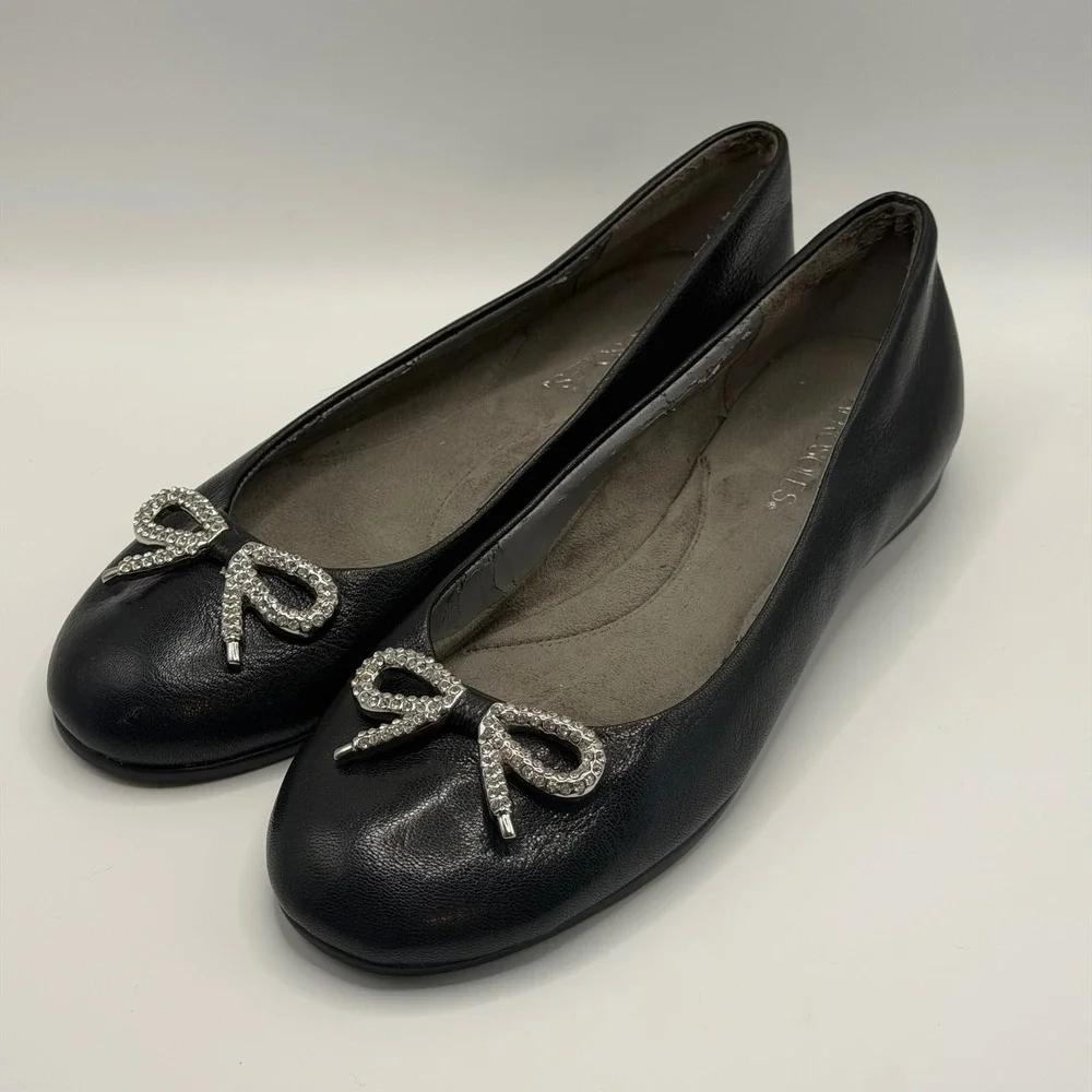 Aerosoles Black Leather Rhinestone Bow Ballet Flats Round Toe Comfort Shoes 9M